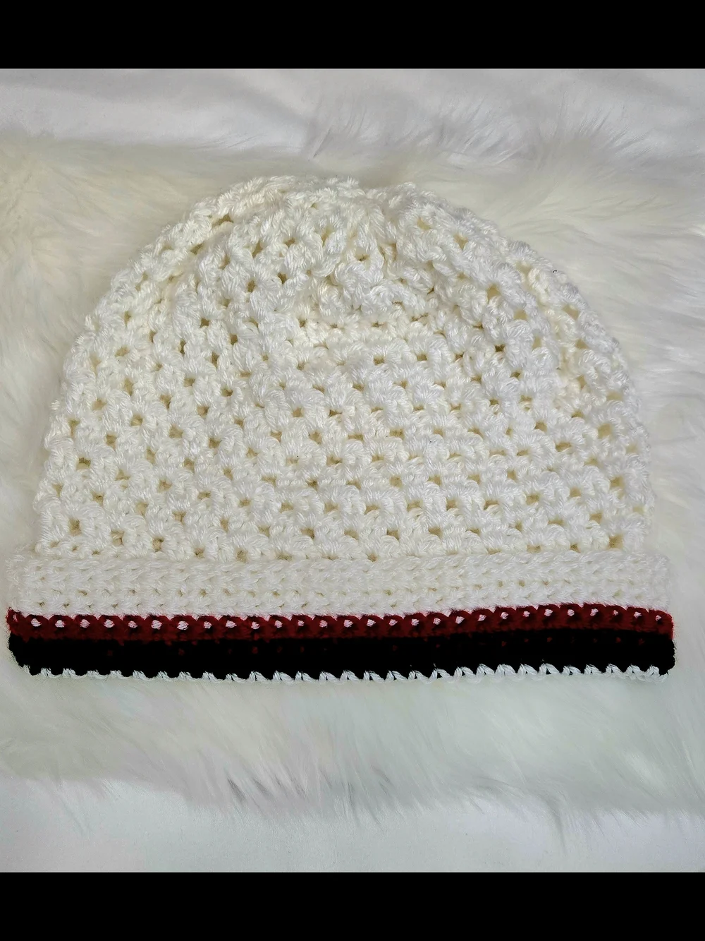 Handmade Cream Crochet Beanie with Red & Green Stripe